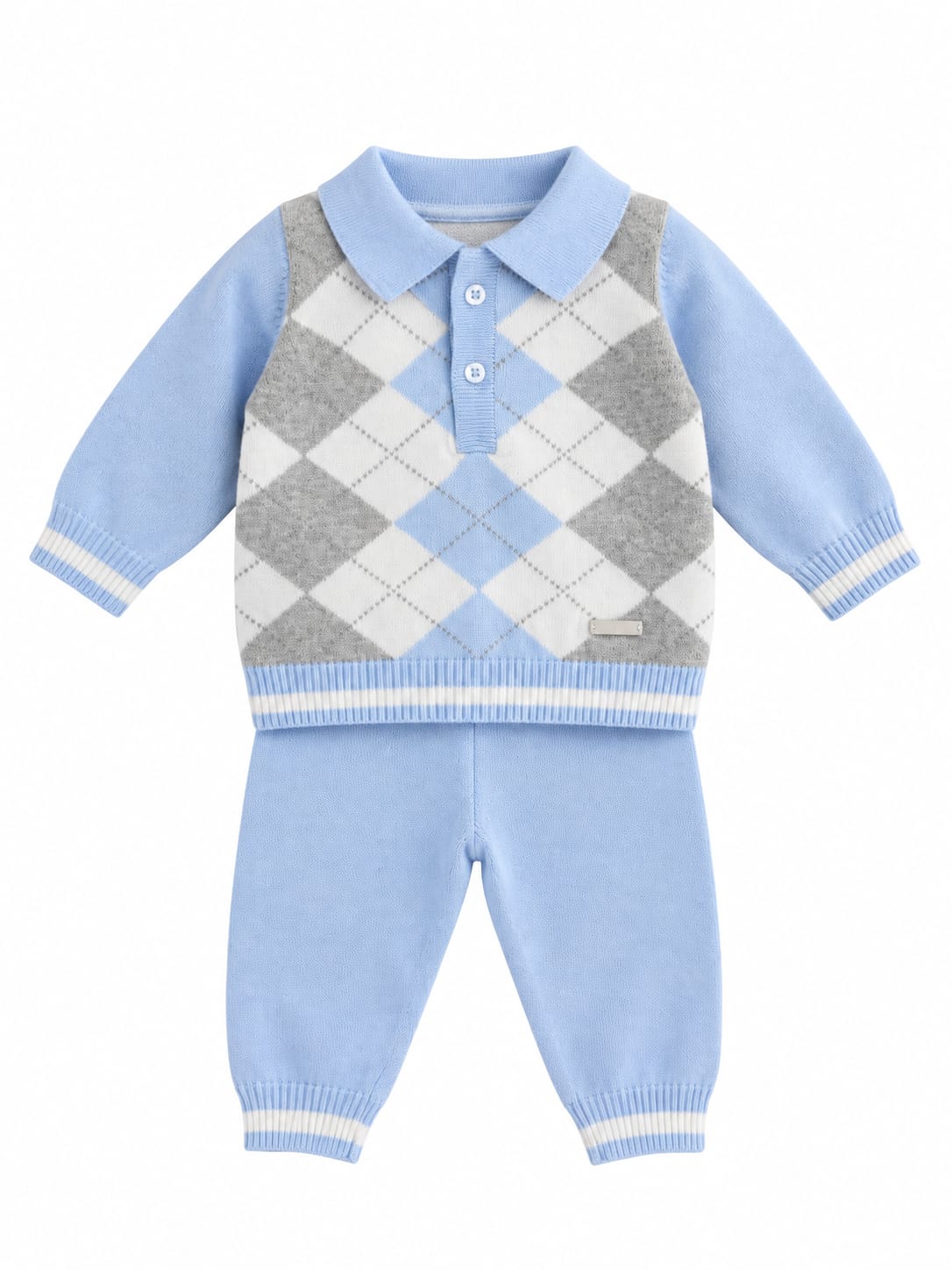 Blues Baby Boys Light Blue Knitted Argyle 2 Piece Set