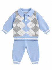 Blues Baby Boys Light Blue Knitted Argyle 2 Piece Set