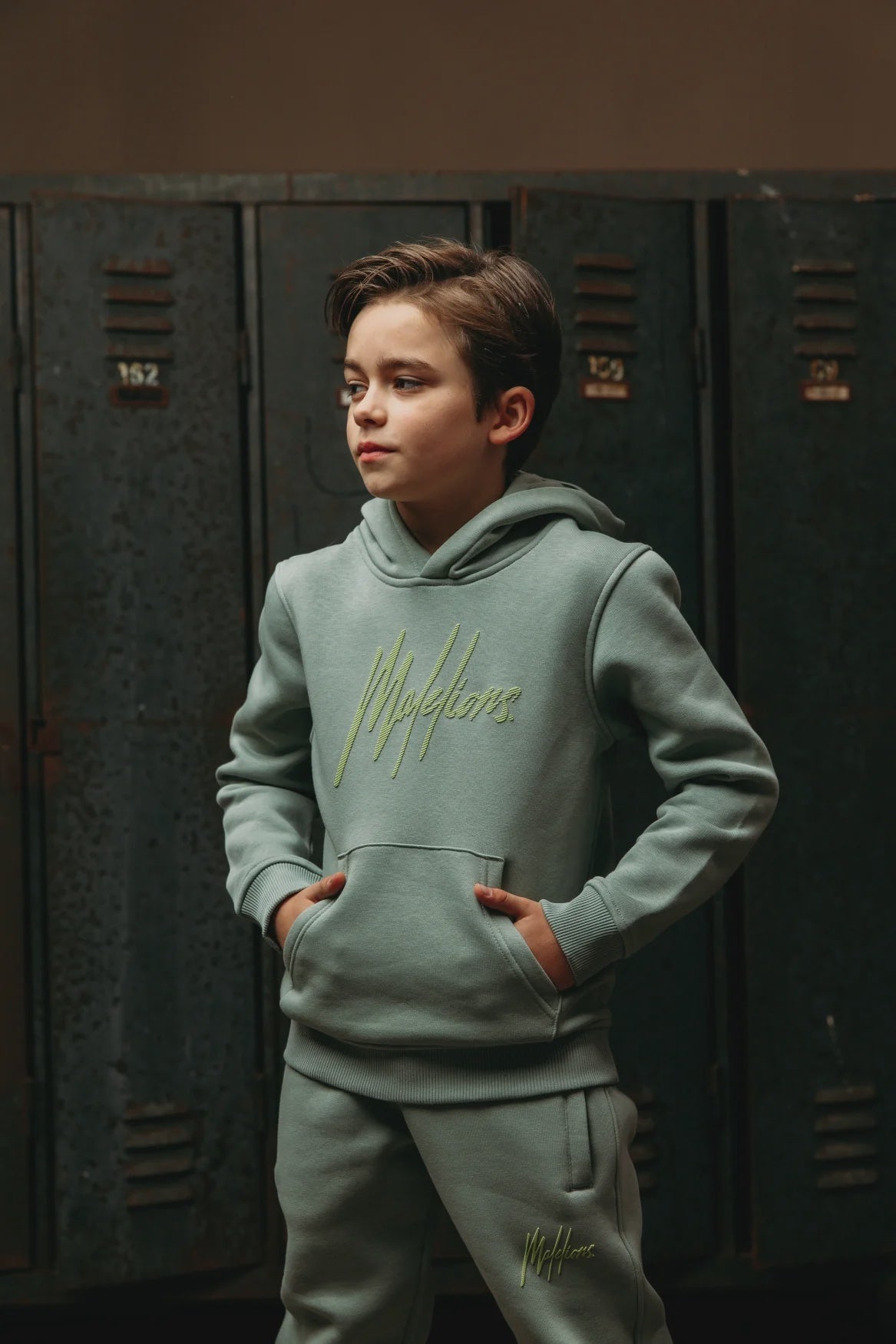 Malelions Junior gestreepte kenmerkende hoodie | Agave Groen