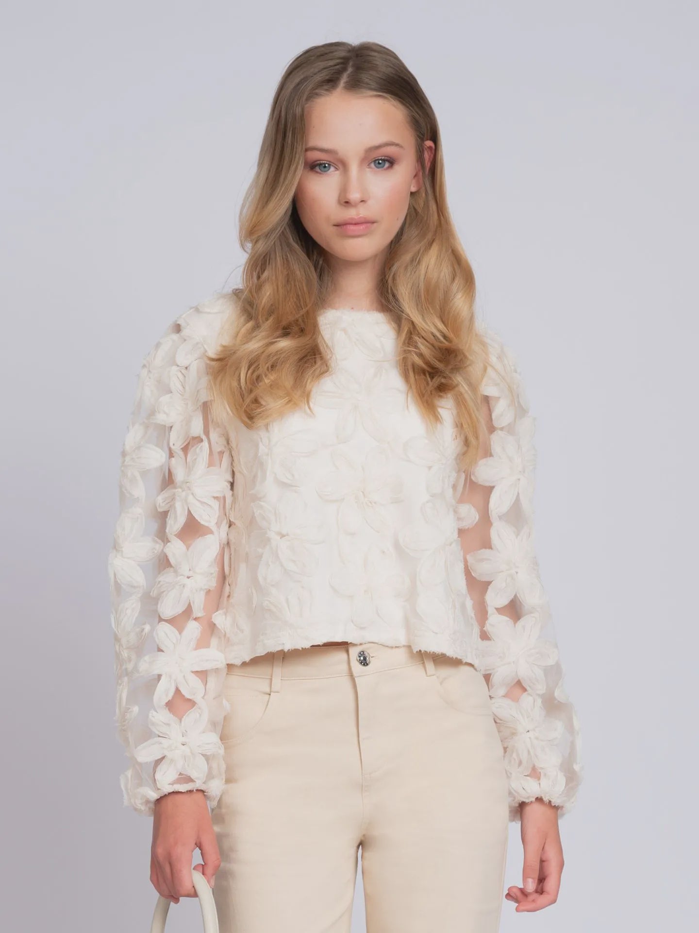 Nik & Nik Top with embroidered flowers and mesh balloon sleeves