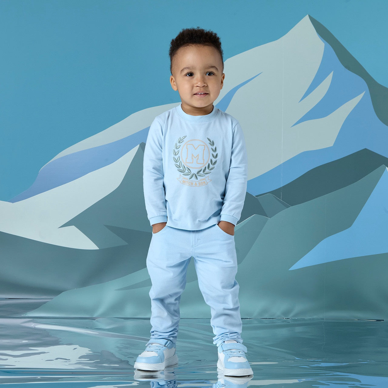 Mitch & Son Boys Blue Twill Trousers with Logo on One Leg