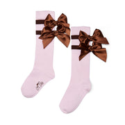 A'dee Girls Pink Knee High Socks with Double Brown Stripe & Bows - MAEVE