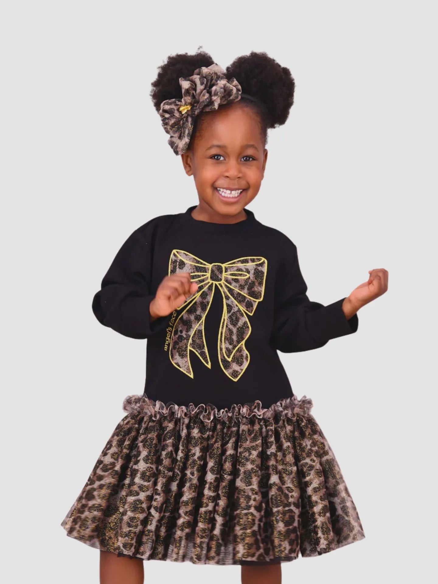 Angels Face Meisjes Jurk Juniper Sweatdress Leopard Tulle Bow Zwart