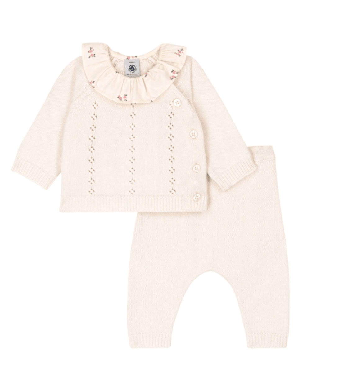 Petit Bateau Tweedelig babysetje van wol en katoen met fleurig kraagje