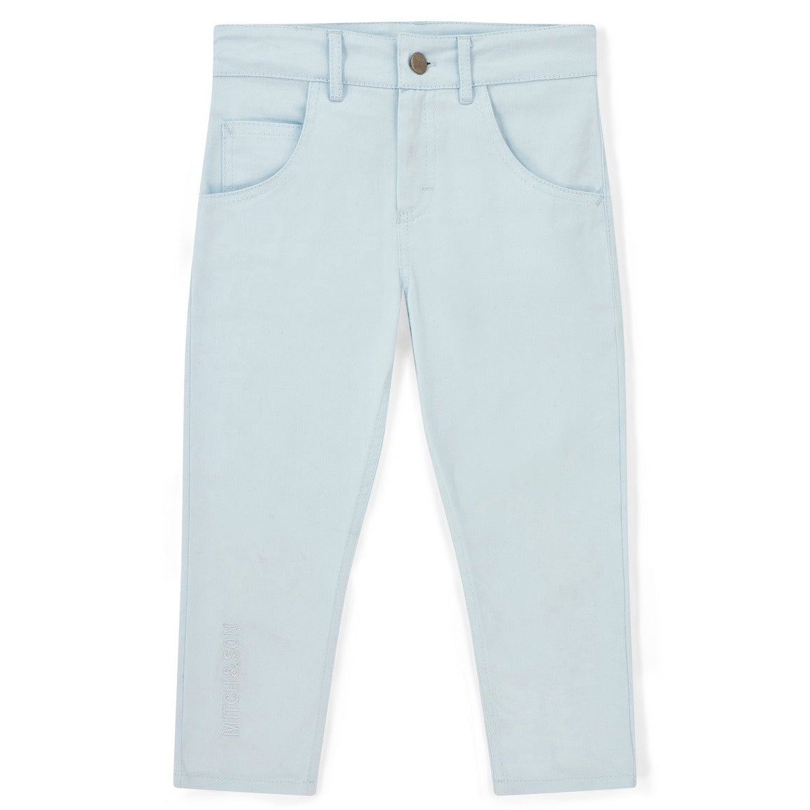 Mitch & Son Boys Blue Twill Trousers with Logo on One Leg