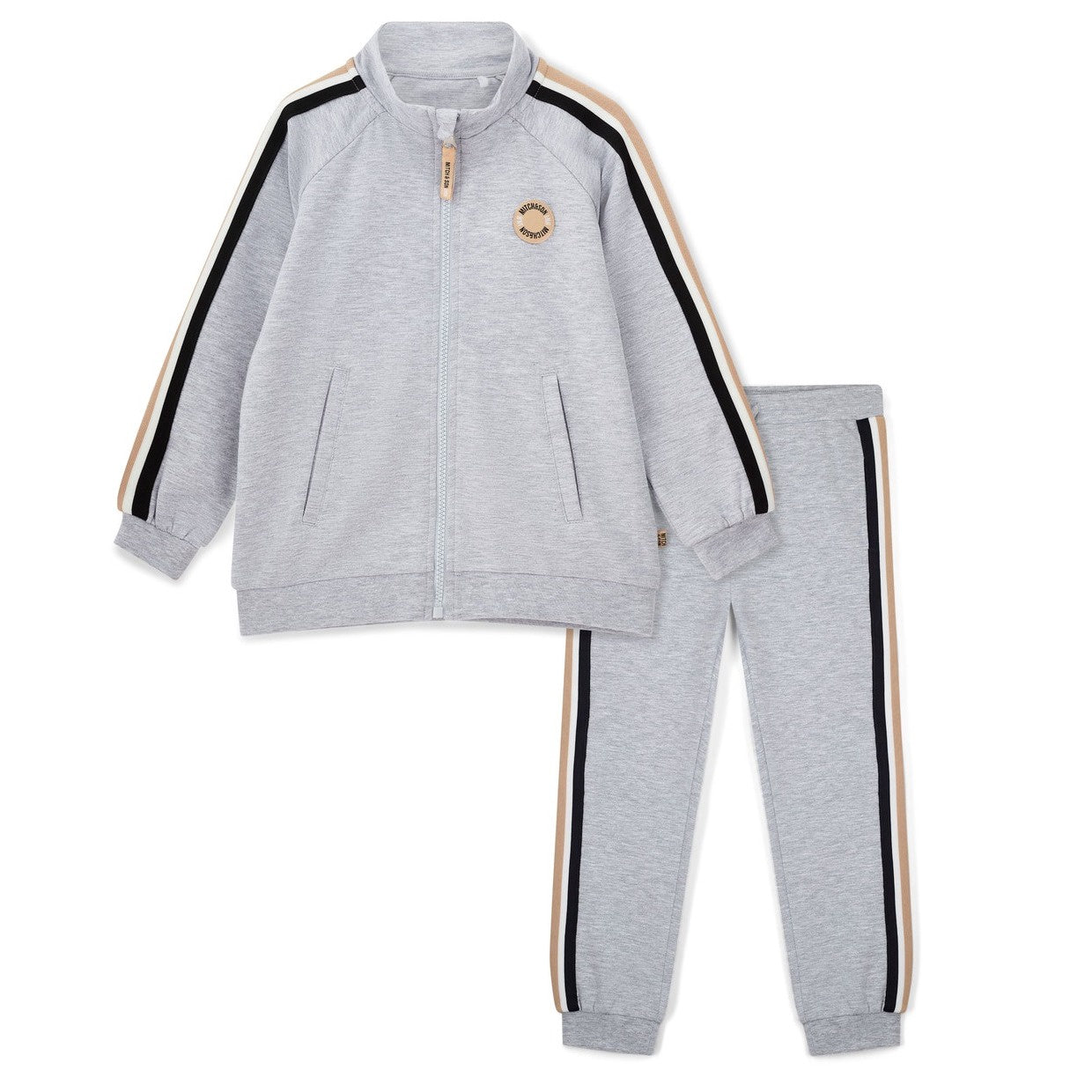 Mitch & Son Boys Grey Melange Zipper Tracksuit with Stripes Down Sleeves & Legs & Logo Badge on Chest