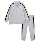 Mitch & Son Boys Grey Melange Zipper Tracksuit with Stripes Down Sleeves & Legs & Logo Badge on Chest