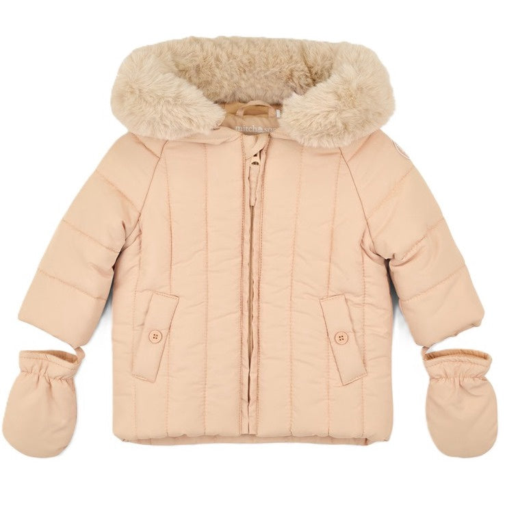 Mitch & Son Mini Boys Beige Padded Coat with Detachable Mitts & Fur Lined Hood