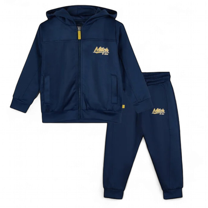 Mitch & Son Boys Navy Knitted Poly Zipper Tracksuit with Cosy Hood & Logo Design on Chest & Leg - KEV