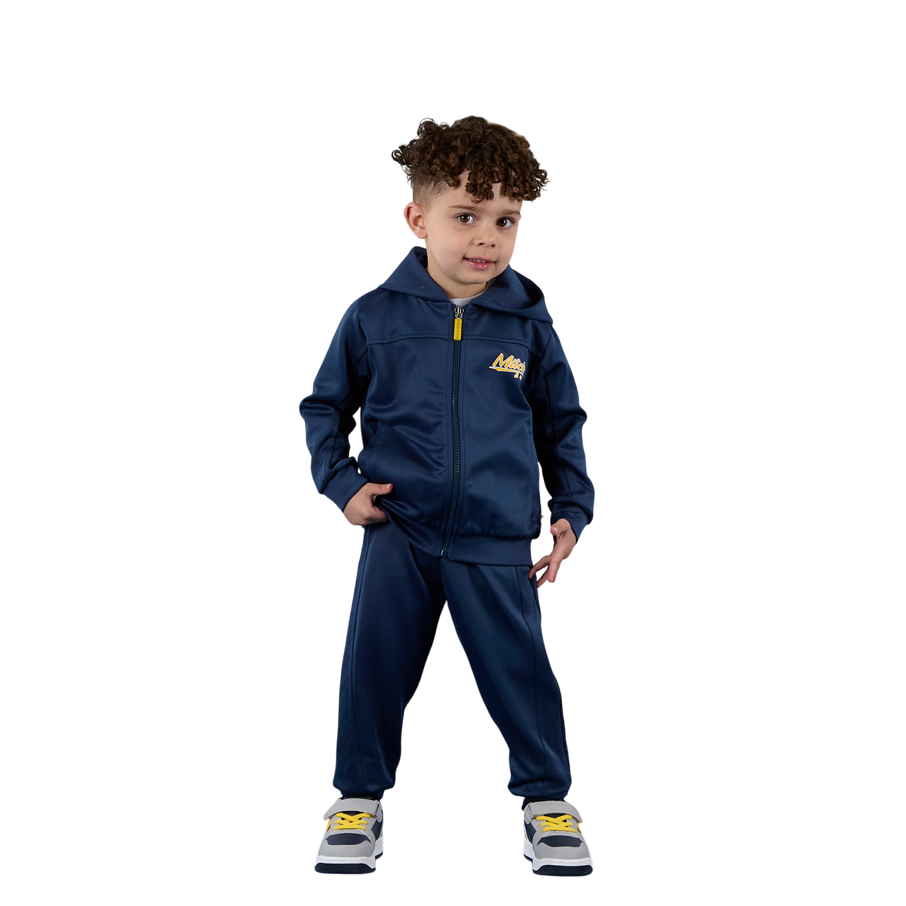 Mitch & Son Boys Navy Knitted Poly Zipper Tracksuit with Cosy Hood & Logo Design on Chest & Leg - KEV