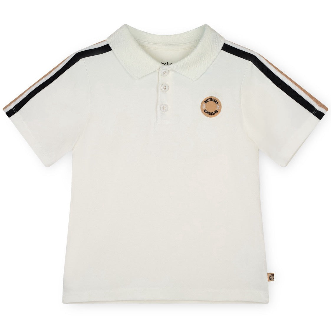 Mitch & Son Boys White Short Sleeved Polo T-Shirt with Tape Striped Sleeves & Logo Badge