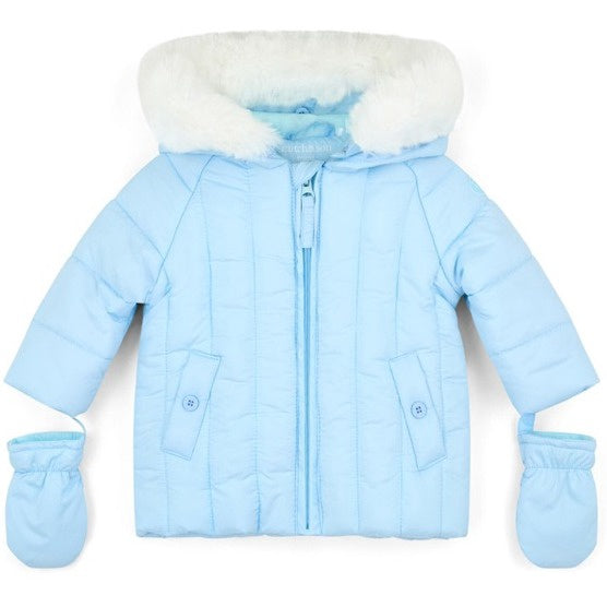Mitch & Son Mini Boys Blue Padded Coat with Detachable Mitts & Fur Lined Hood