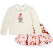 A'dee Girls White Collared Top with Cupcake Print & Pink Bear Printed Skirt