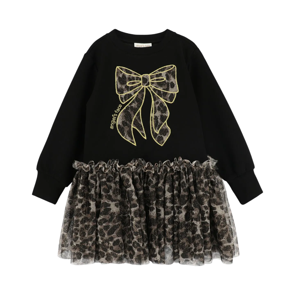 Angels Face Meisjes Jurk Juniper Sweatdress Leopard Tulle Bow Zwart