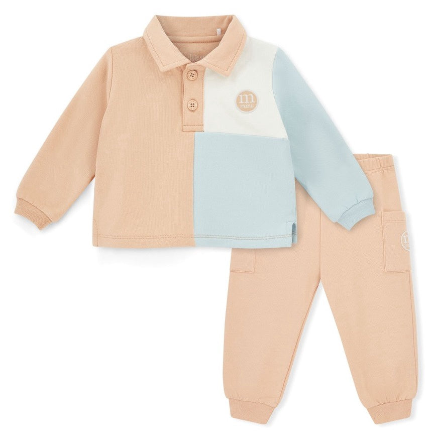 Mitch & Son Mini Boys Beige/Blue/White Cut 'n' Sew Polo Tracksuit with Logo
