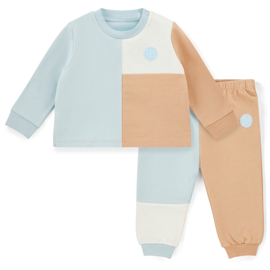 Mitch & Son Mini Boys Blue/Beige/White Cut 'n' Sew Crewneck Tracksuit with Logo