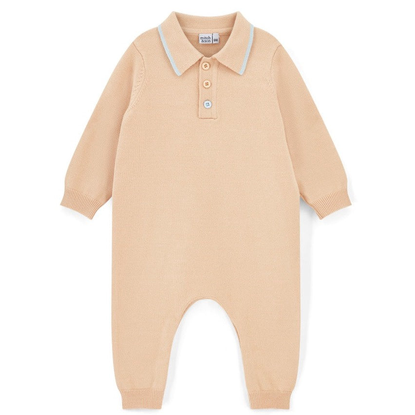Mitch & Son Mini Boys Beige Knitted Polo Romper with Logo