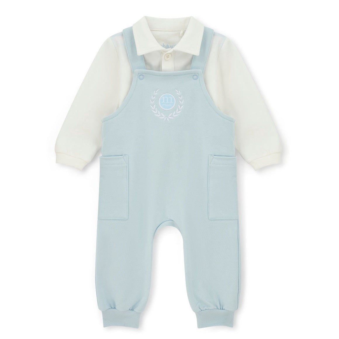Mitch & Son Mini Boys Blue Dungarees with Logo on Front & Matching White Collared Top