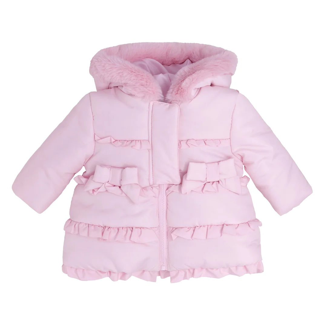 Veste matelassée Blues Baby Girls à volants, nœud et capuche en fausse fourrure