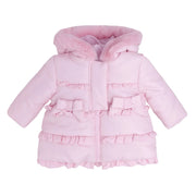 Blues Baby Girls bow and ruffle frilled quilted jacket with faux fur hood