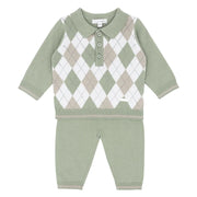 Ensemble 2 pièces pour bébé garçon bleu et vert en maille à motif losanges