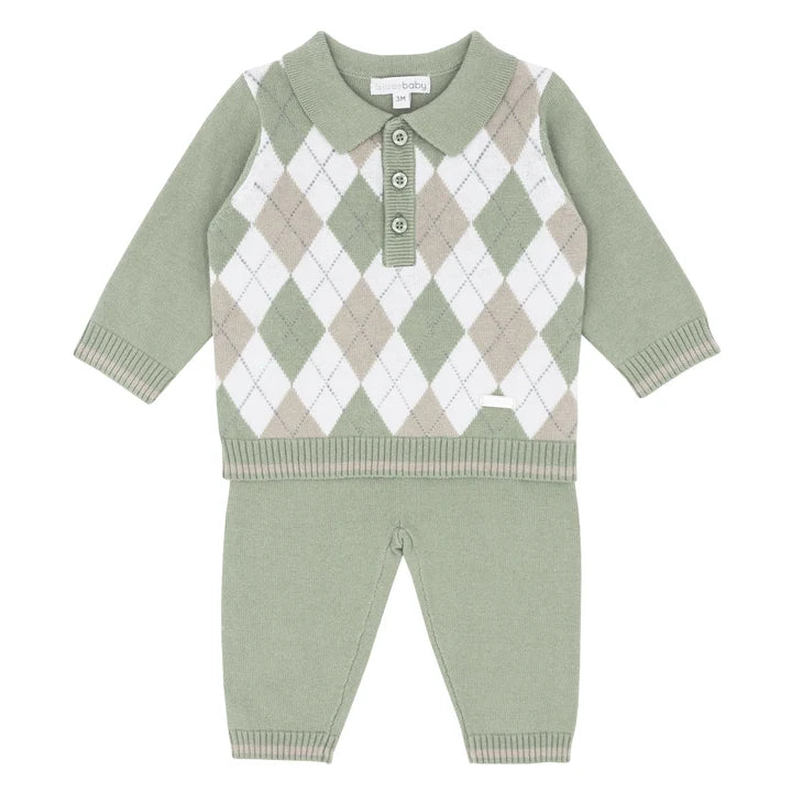 Ensemble 2 pièces pour bébé garçon bleu et vert en maille à motif losanges