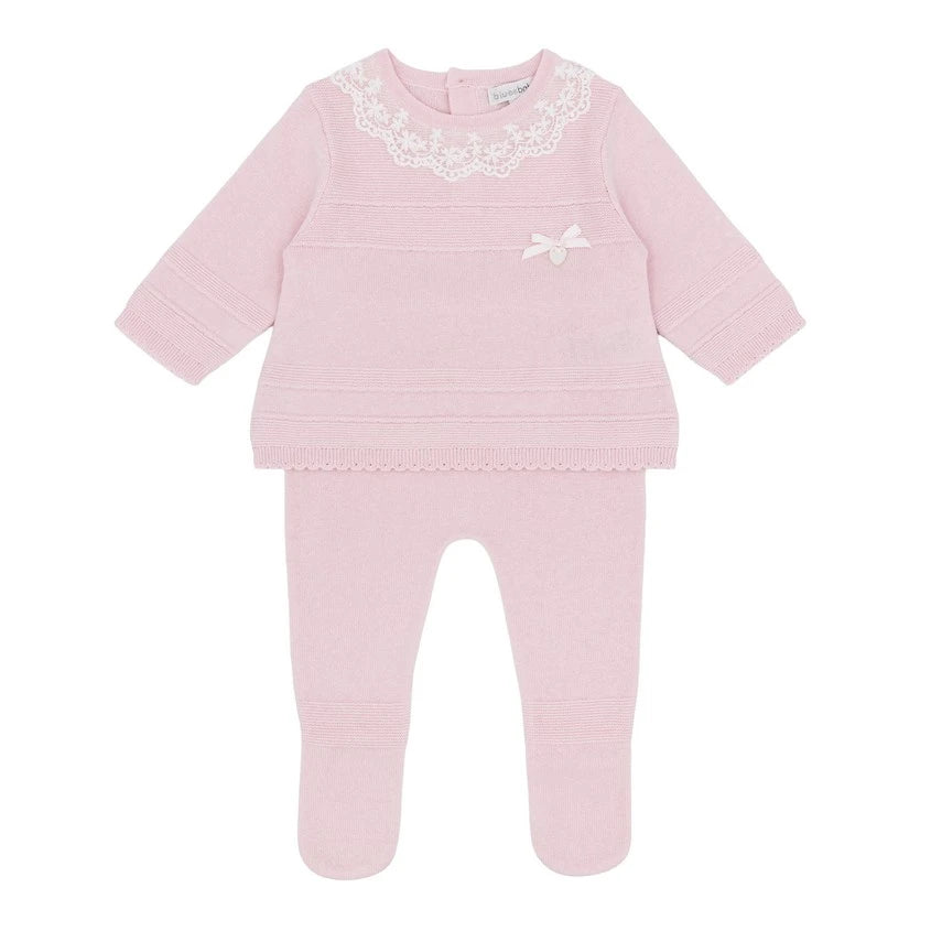 Blues Baby Girls Pink Knitted Top and Legging Set With Feet