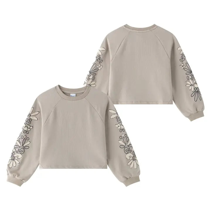 Sweatshirt voor meisjes met raglanmouwen en chenille geborduurde bloemen